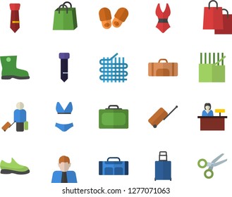 Color flat icon set gumboots flat vector, fabric manufacture, person, bags, tie, sneakers, swimsuit, sport bag, luggage fector, suitcase, reception desk, slippers, scissors