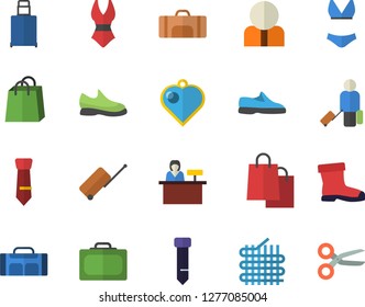 Color flat icon set gumboots flat vector, fabric manufacture, person, bags, tie, sneakers, swimsuit, sport bag, luggage fector, suitcase, reception desk, heart pendant, scissors