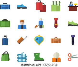 Color flat icon set gumboots flat vector, fabric manufacture, person, bags, tie, sneakers, sport bag, luggage fector, suitcase, reception desk, heart pendant, scissors