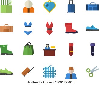 Color flat icon set gumboots flat vector, fabric manufacture, person, bags, tie, sneakers, swimsuit, sport bag, luggage vector, reception desk, heart pendant, scissors