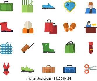 Color flat icon set gumboots flat vector, fabric manufacture, person, bags, tie, sneakers, swimsuit, sport bag, luggage fector, suitcase, reception desk, slippers, heart pendant, scissors