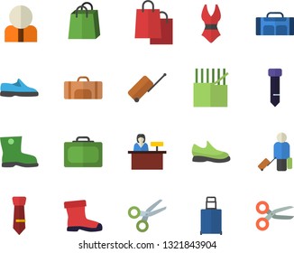 Color flat icon set gumboots flat vector, fabric manufacture, person, bags, tie, sneakers, swimsuit, sport bag, luggage fector, suitcase, reception desk, scissors