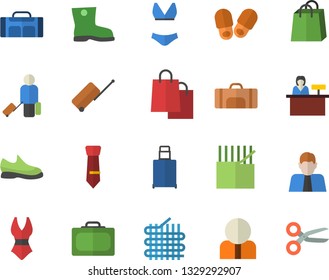 Color flat icon set gumboots flat vector, fabric manufacture, person, bags, tie, sneakers, swimsuit, sport bag, luggage fector, suitcase, reception desk, slippers, scissors