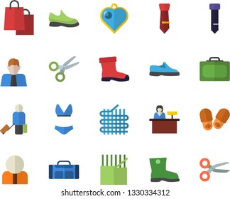 Color flat icon set gumboots flat vector, fabric manufacture, person, bags, tie, sneakers, swimsuit, sport bag, luggage fector, suitcase, reception desk, slippers, heart pendant, scissors