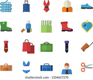 Color flat icon set gumboots flat vector, fabric manufacture, person, bags, tie, sneakers, swimsuit, sport bag, luggage fector, suitcase, heart pendant, scissors