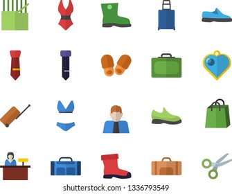 Color flat icon set gumboots flat vector, fabric manufacture, person, bags, tie, sneakers, swimsuit, sport bag, luggage fector, suitcase, reception desk, slippers, heart pendant, scissors