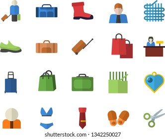 Color flat icon set gumboots flat vector, fabric manufacture, person, bags, tie, sneakers, swimsuit, sport bag, luggage fector, suitcase, reception desk, slippers, heart pendant, scissors