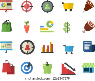 Color flat icon set ham flat vector, carrot, bell pepper, grocery trolley, target audience, crisis, dollar, statistics, bags, news, chart, statistic, presentaition board, shop fector
