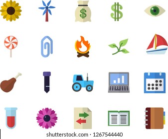 Color flat icon set ham flat vector, lollipop, windmill, flower, tractor, bonfire, tree leaf, dollar, wealth, sailboat, blood test, calendar, tie, computer, file sharing, clip, eye, book, notebook