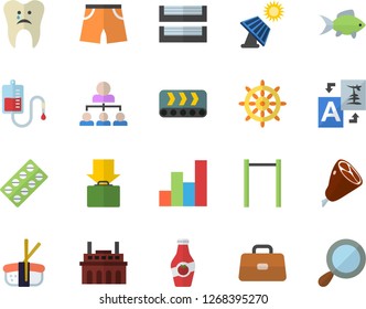 Color flat icon set ham flat vector, sashimi, fish, ketchup, solar battery, plant, conveyor, pill packaging, blood transfusion, briefcase, caries, paper tray, hierarchy, chart, parallel bars