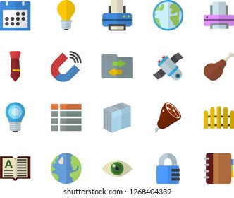 Color flat icon set ham flat vector, fence, earth, lamp, magnet, calendar, sticker, printer, tie, satellit, menu, file sharing, lock, eye, book, notebook