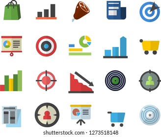 Color flat icon set ham flat vector, grocery trolley, target audience, crisis, chart, statistics, bags, news, presentaition board