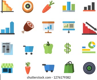 Color flat icon set ham flat vector, carrot, bell pepper, grocery trolley, crisis, chart, dollar, statistics, bags, news, statistic, presentaition board, target, fector, shop