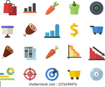Color flat icon set ham flat vector, bell pepper, carrot, grocery trolley, crisis, chart, dollar, statistics, flipchart, bags, news, target, fector