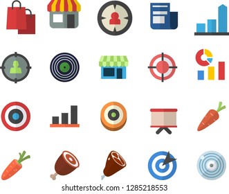 Color flat icon set ham flat vector, carrot, store front, target audience, chart, statistics, flipchart, bags, news, shop fector