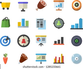 Color flat icon set ham flat vector, carrot, grocery trolley, target audience, chart, flipchart, bags, news, statistic, presentaition board