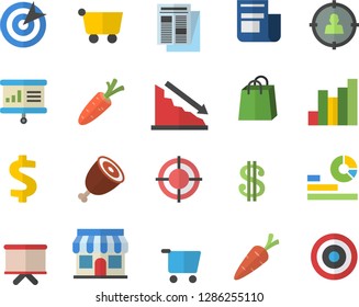 Color flat icon set ham flat vector, carrot, store front, grocery trolley, target audience, crisis, chart, dollar, statistics, flipchart, bags, news, presentaition board