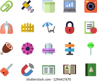 Color flat icon set ham flat vector, lollipop, flower, fence, magnet, lungs, sticker, printer, satellit, computer, diet, chaise lounge fector, pointer, clip, lock, key, book, camera, notebook