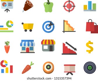 Color flat icon set ham flat vector, carrot, bell pepper, store front, grocery trolley, crisis, dollar, statistics, flipchart, bags, statistic, target, presentaition board