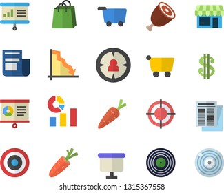 Color flat icon set ham flat vector, carrot, grocery trolley, target audience, crisis, dollar, statistics, flipchart, bags, news, chart, presentaition board, fector, shop