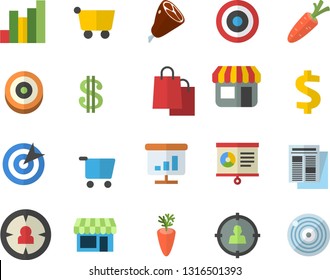 Color flat icon set ham flat vector, carrot, store front, grocery trolley, target audience, chart, dollar, bags, news, shop fector