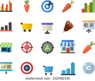 Color flat icon set ham flat vector, carrot, store front, grocery trolley, target audience, chart, flipchart, statistic, presentaition board, shop fector