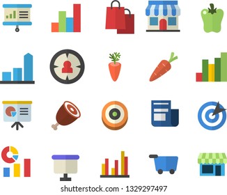 Color flat icon set ham flat vector, carrot, bell pepper, store front, target audience, chart, statistics, flipchart, bags, news, statistic, presentaition board, grocery trolley fector, shop