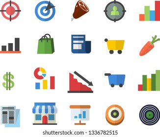 Color flat icon set ham flat vector, carrot, store front, grocery trolley, target audience, crisis, chart, dollar, statistics, bags, news, fector