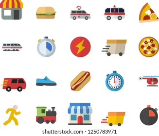 Color flat icon set hamburger flat vector, hot dog, pizza, store front, trucking, express delivery, ambulance, helicopter, lightning, sneakers, stopwatch, run, train fector
