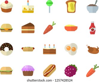 Color flat icon set hamburger flat vector, hot dog, cupcake, piece of cake, donut, porridge, chicken, lollipop, scrambled eggs, blackberry, ketchup, sandwich, carrot