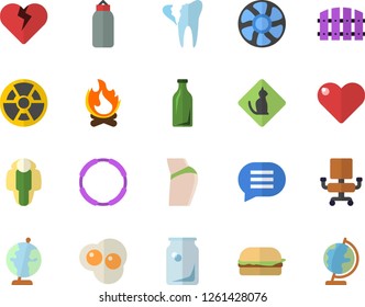 Color flat icon set hamburger flat vector, scrambled eggs, fence, bonfire, ventilation, radiation, glass bottles, broken tooth, office chair, globe, buttocks, sports pear, hoop, lose weight, chat