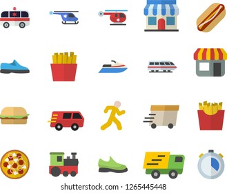Color flat icon set hamburger flat vector, hot dog, pizza, French fries, store front, trucking, express delivery, ambulance, helicopter, sneakers, run, train fector, water scooter, stopwatch