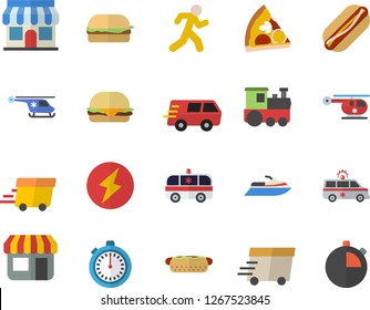 Color flat icon set hamburger flat vector, hot dog, pizza, store front, trucking, express delivery, ambulance, helicopter, lightning, stopwatch, run, train fector, water scooter