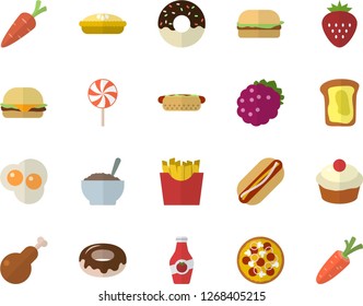 Color flat icon set hamburger flat vector, hot dog, pizza, cupcake, donut, porridge, pie, chicken, lollipop, French fries, scrambled eggs, Strawberry, blackberry, ketchup, sandwich, carrot