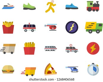 Color flat icon set hamburger flat vector, pizza, French fries, trucking, express delivery, ambulance, helicopter, lightning, sneakers, run, train fector, water scooter, stopwatch