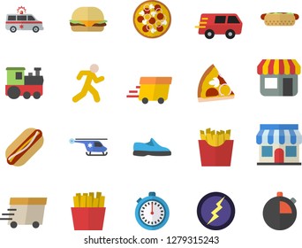 Color flat icon set hamburger flat vector, hot dog, pizza, French fries, store front, trucking, express delivery, ambulance, helicopter, lightning, sneakers, stopwatch, run, train fector