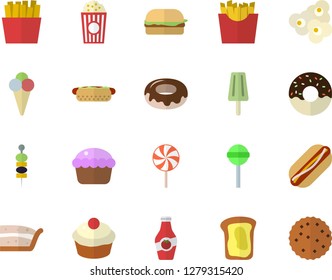 Color flat icon set hamburger flat vector, hot dog, cupcake, piece of cake, donut, lollipop, French fries, popcorn, ice cream, canape, ketchup, sandwich, biscuit