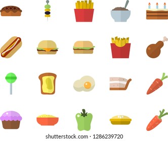 Color flat icon set hamburger flat vector, hot dog, cupcake, piece of cake, porridge, pie, chicken, lollipop, bell pepper, French fries, scrambled eggs, canape, sandwich, carrot