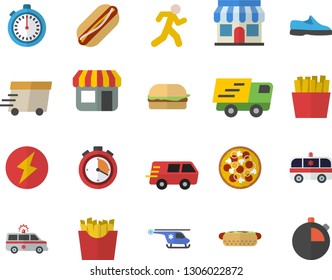 Color flat icon set hamburger flat vector, hot dog, pizza, French fries, store front, trucking, express delivery, ambulance, helicopter, lightning, sneakers, stopwatch, run
