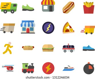 Color flat icon set hamburger flat vector, hot dog, pizza, French fries, store front, trucking, express delivery, ambulance, helicopter, lightning, sneakers, run, train fector, water scooter