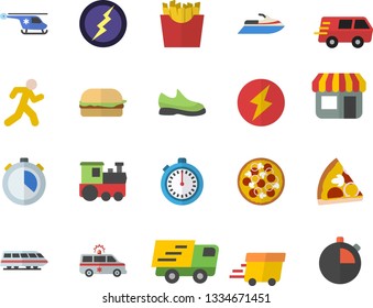 Color flat icon set hamburger flat vector, pizza, French fries, store front, trucking, express delivery, ambulance, helicopter, lightning, sneakers, stopwatch, run, train fector, water scooter