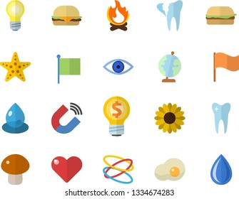 Color flat icon set hamburger flat vector, mushroom, scrambled eggs, flower, bonfire, drop, magnet, idea, flag, eye, tooth, broken, globe, hoop, starfish fector, heart, lamp