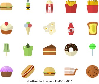 Color flat icon set hamburger flat vector, hot dog, cupcake, piece of cake, donut, lollipop, bell pepper, French fries, popcorn, ice cream, canape, ketchup, sandwich, biscuit