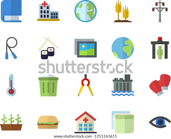 Color flat icon set hamburger flat vector, fish
rolls, thermometer, ear, seedlings, earth, power line support,
hydroelectric station, dividers, hospital, sticker, book, skipping
rope, boxing gloves