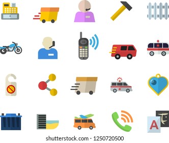 Color flat icon set hammer flat vector, accumulator, radiator, phone call, trucking, express delivery, cash machine, ambulance, operator, motorcycle fector, hotel first line, transfer, heart pendant