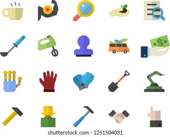 Color flat icon set hammer flat vector, ladle, mixer, shovel, seedlings, gloves, robotics, investments, coffee, magnifier, agreement, stamp, robot hand, muscles, boxing, get luggage fector, transfer