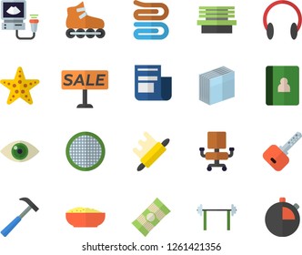 Color flat icon set hammer flat vector, towel, rolling pin, sieve, spaghetti, porridge, bench, news, sell out, ultrasound, office chair, sticker, barbell, roller Skates, starfish fector, eye, key
