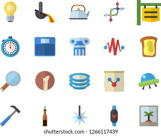 Color flat icon set hammer flat vector, teapot, plates, sauce, sandwich, fertilizer vectory, laser, metallurgy, signboard, bone fracture, bulb, magnifier, ufo, dna, electric discharge fector, photo