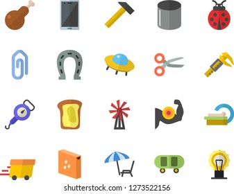 Color flat icon set hammer flat vector, spring balance, groats, chicken, sandwich, windmill, ladybird, horseshoe, trammel, pipe production, express delivery, tomograph, ufo, skateboard, muscles