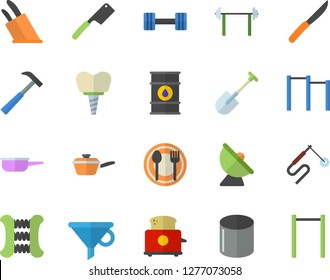 Color flat icon set hammer flat vector, saute, knives, toaster, table setting, shovel, oil tanks, satellite antenna, pipe production, welding, funnel, implant, dumbbell, barbell, carpal expander